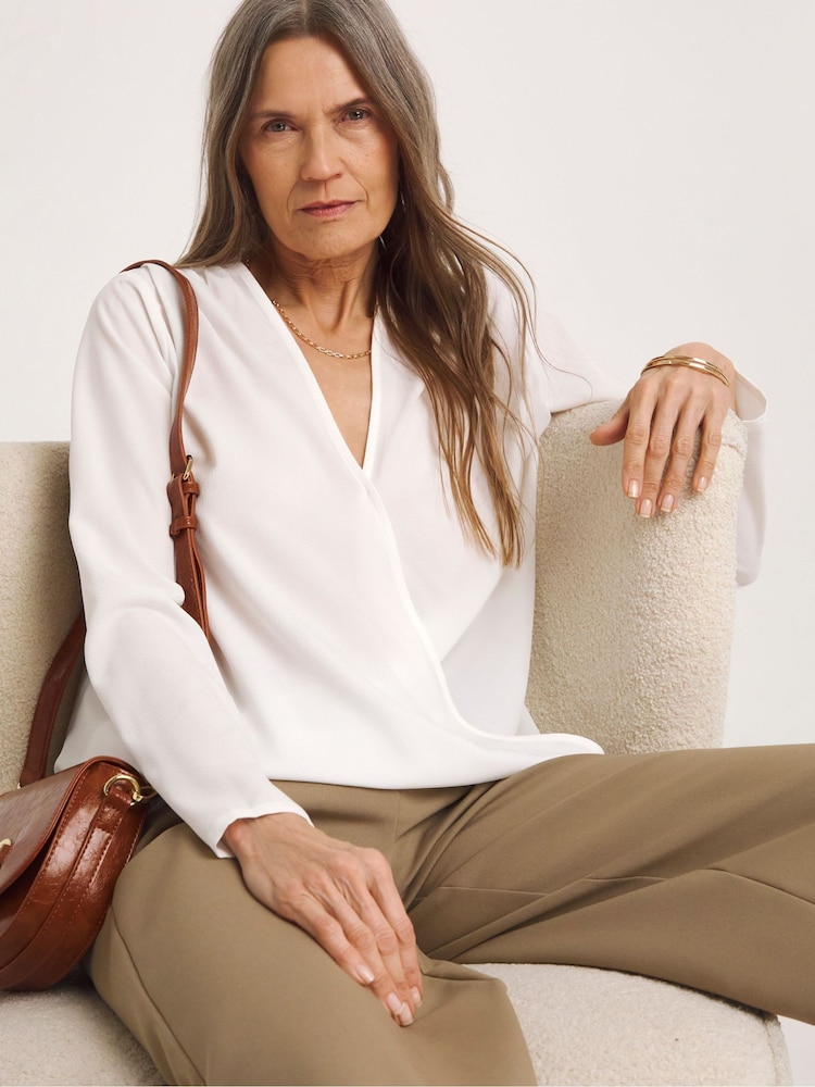JD Williams White Crepe Wrap Drape Blouse - Image 2 of 4