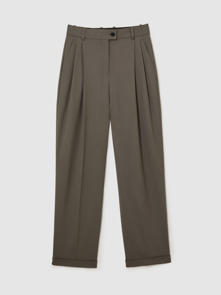 Reiss Sage Green Leisel Wool-Blend Wide-Leg Pleated Suit Trousers - Image 2 of 9