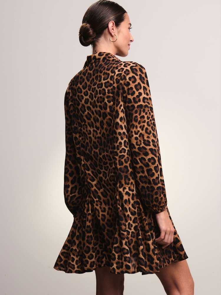 Brown Leopard Print Tie Bow Long Sleeve Mini Dress - Image 2 of 7