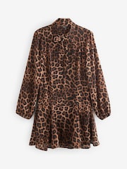Brown Leopard Print Tie Bow Long Sleeve Mini Dress - Image 6 of 7