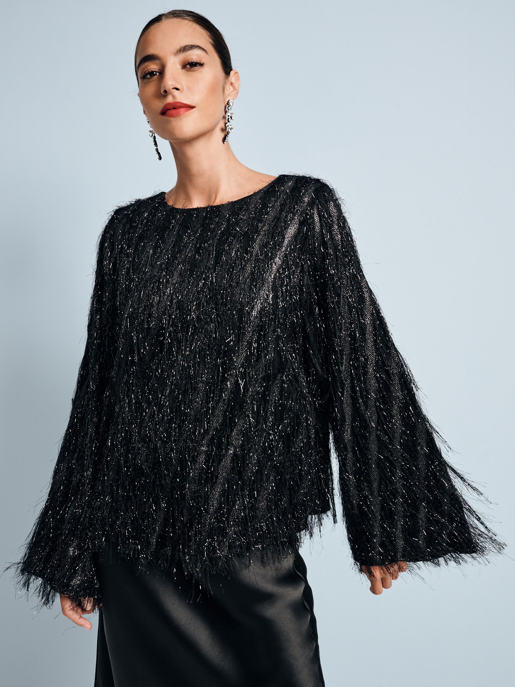 Buy Black Sparkle Fringe Long Sleeve Tie Back Blouse from Next Luxembourg
