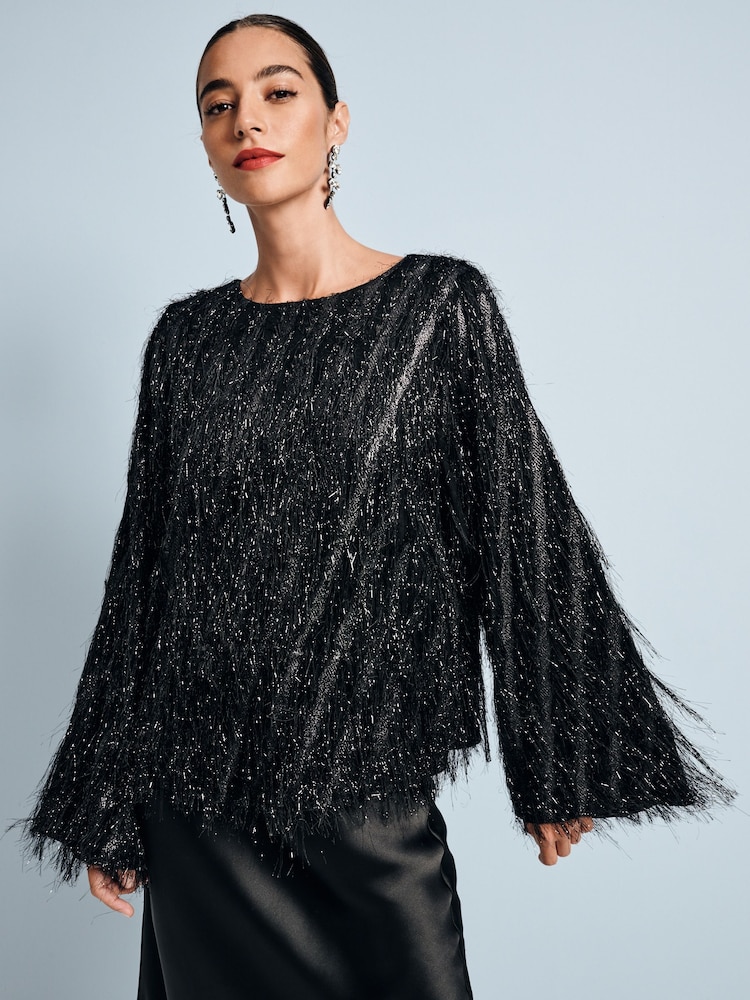 Black Sparkle Fringe Long Sleeve Tie Back Blouse - Image 1 of 7