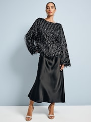 Black Sparkle Fringe Long Sleeve Tie Back Blouse - Image 2 of 7