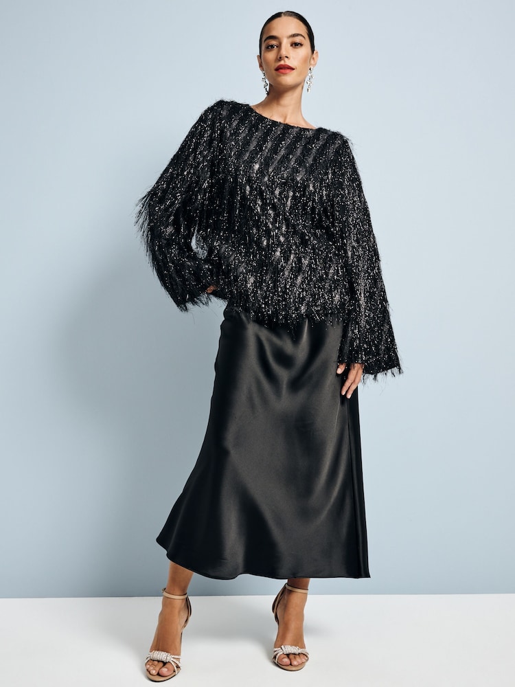 Black Sparkle Fringe Long Sleeve Tie Back Blouse - Image 2 of 7