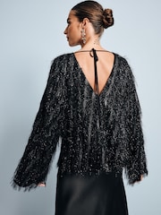 Black Sparkle Fringe Long Sleeve Tie Back Blouse - Image 3 of 7