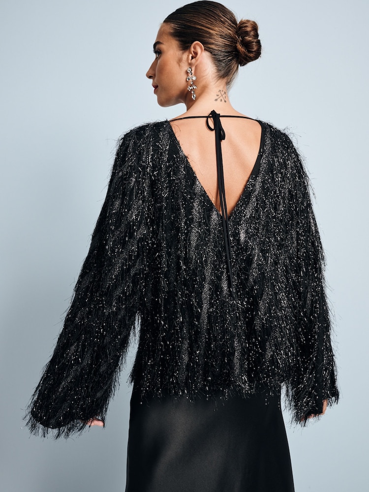 Black Sparkle Fringe Long Sleeve Tie Back Blouse - Image 3 of 7