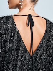 Black Sparkle Fringe Long Sleeve Tie Back Blouse - Image 4 of 7