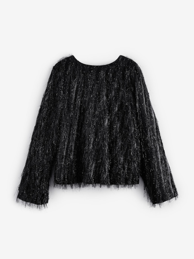 Black Sparkle Fringe Long Sleeve Tie Back Blouse - Image 5 of 7