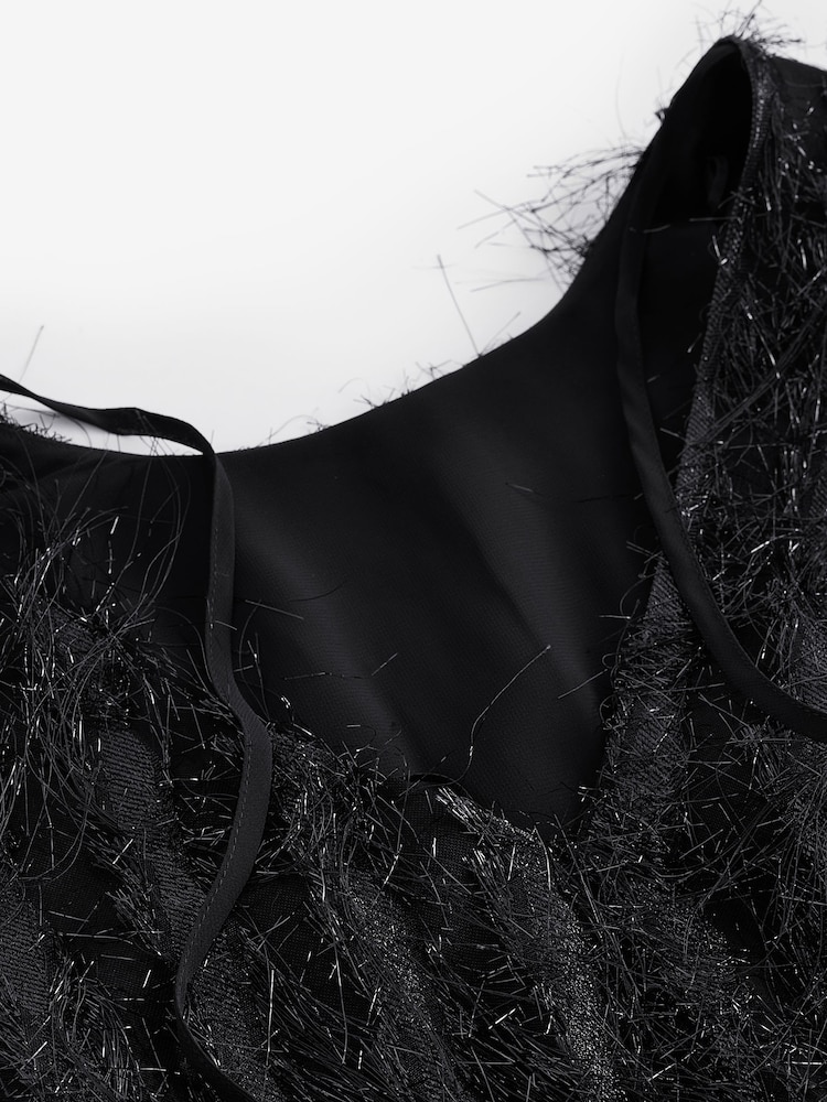 Black Sparkle Fringe Long Sleeve Tie Back Blouse - Image 6 of 7
