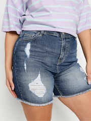 Yours Curve Blue Ripped Stretch Denim Shorts - Image 4 of 5
