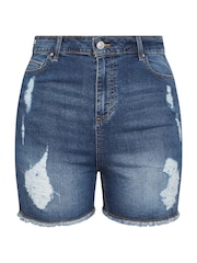 Yours Curve Blue Ripped Stretch Denim Shorts - Image 5 of 5