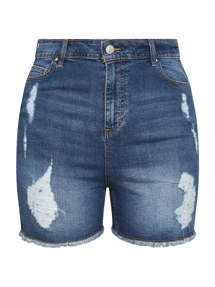 Yours Curve Blue Ripped Stretch Denim Shorts - Image 5 of 5