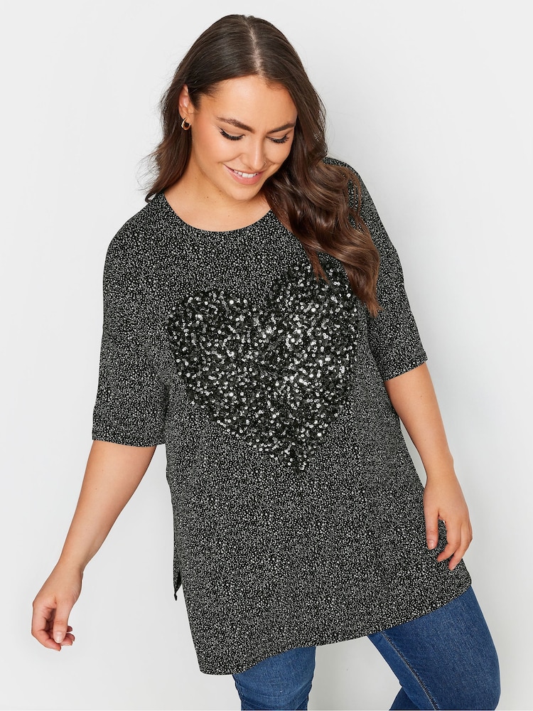 Yours Curve Black Heart Sequin Embellished Top - Image 1 of 5