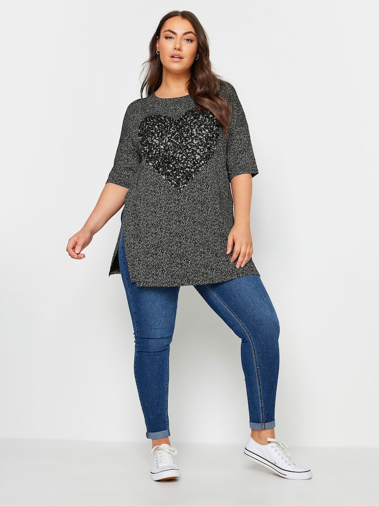 Yours Curve Black Heart Sequin Embellished Top - Image 2 of 5