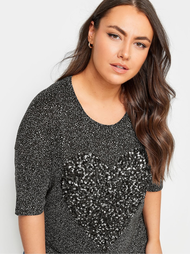 Yours Curve Black Heart Sequin Embellished Top - Image 4 of 5