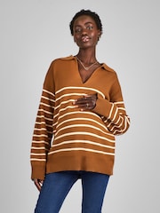 JoJo Maman Bébé Toffee Brown & Cream Stripe Collared Maternity & Nursing Jumper - Image 1 of 4