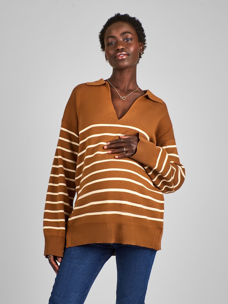 JoJo Maman Bébé Toffee Brown & Cream Stripe Collared Maternity & Nursing Jumper - Image 1 of 4