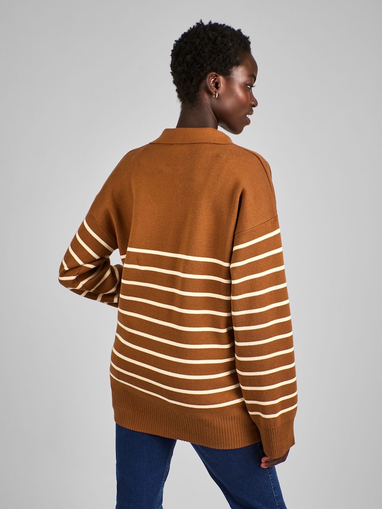 JoJo Maman Bébé Toffee Brown & Cream Stripe Collared Maternity & Nursing Jumper - Image 2 of 4