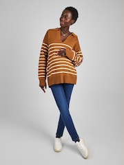 JoJo Maman Bébé Toffee Brown & Cream Stripe Collared Maternity & Nursing Jumper - Image 3 of 4