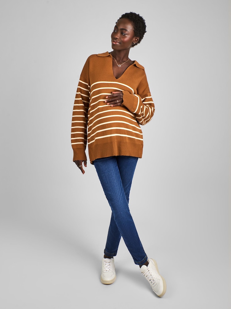 JoJo Maman Bébé Toffee Brown & Cream Stripe Collared Maternity & Nursing Jumper - Image 3 of 4