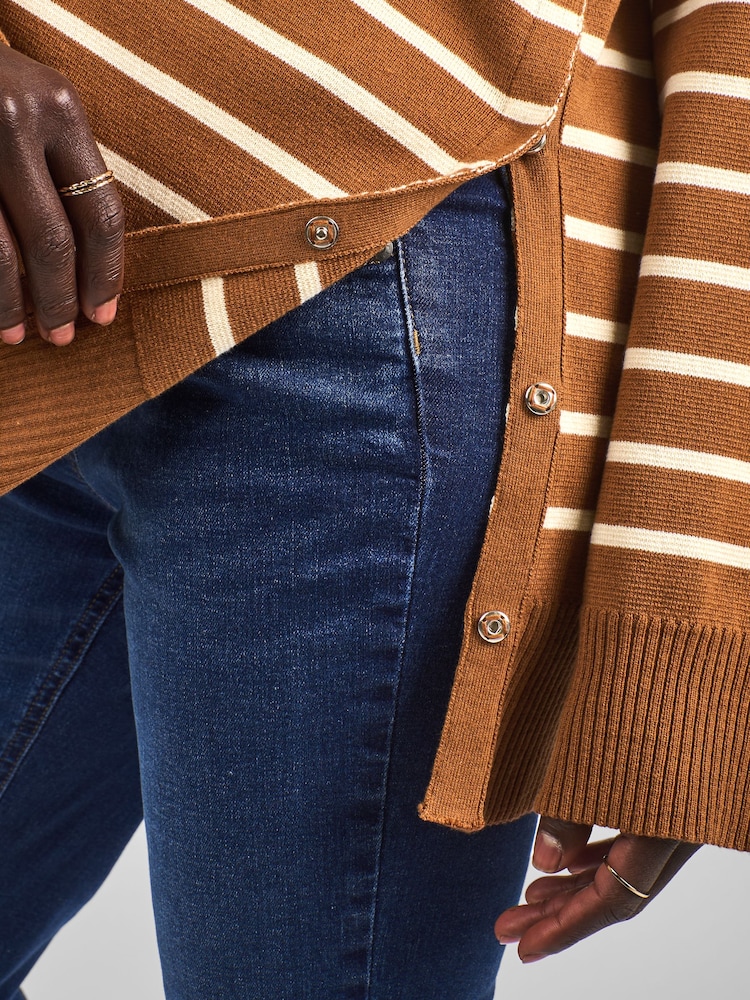 JoJo Maman Bébé Toffee Brown & Cream Stripe Collared Maternity & Nursing Jumper - Image 4 of 4