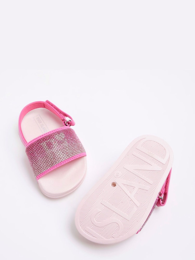 River Island Pink Girls RI Diamonte Sliders - Image 4 of 4