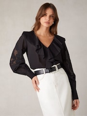 Ro&Zo Black 100% Cotton Embroidered Mesh Sleeve Blouse - Image 1 of 5