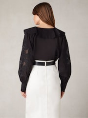 Ro&Zo Black 100% Cotton Embroidered Mesh Sleeve Blouse - Image 2 of 5