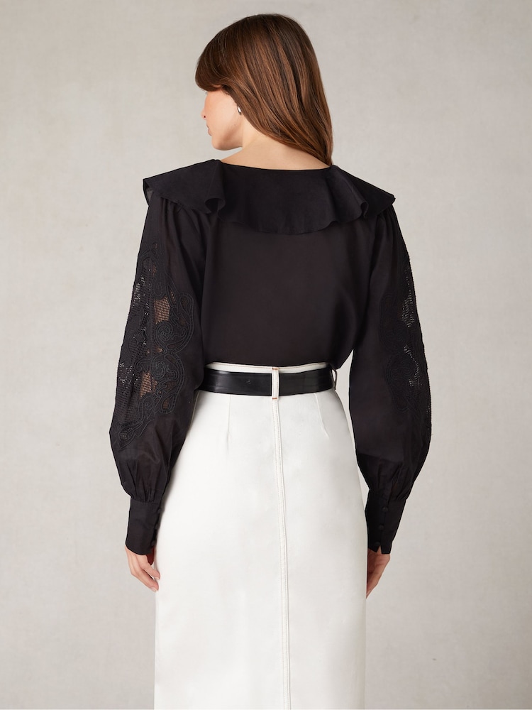 Ro&Zo Black 100% Cotton Embroidered Mesh Sleeve Blouse - Image 2 of 5