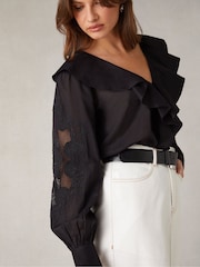 Ro&Zo Black 100% Cotton Embroidered Mesh Sleeve Blouse - Image 3 of 5