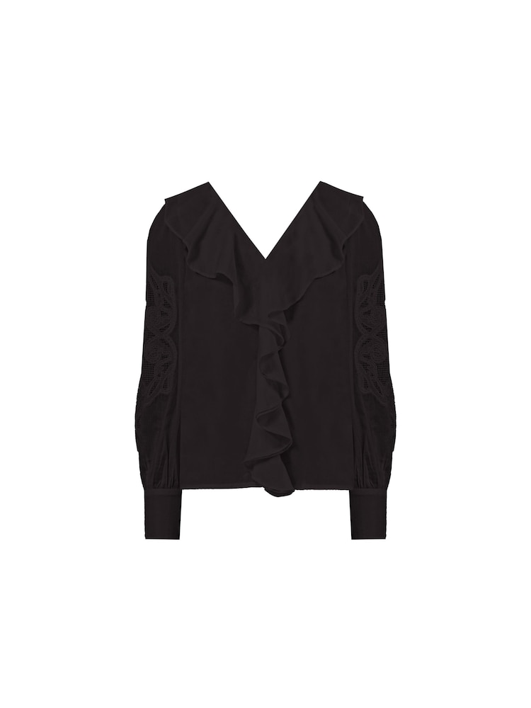 Ro&Zo Black 100% Cotton Embroidered Mesh Sleeve Blouse - Image 5 of 5