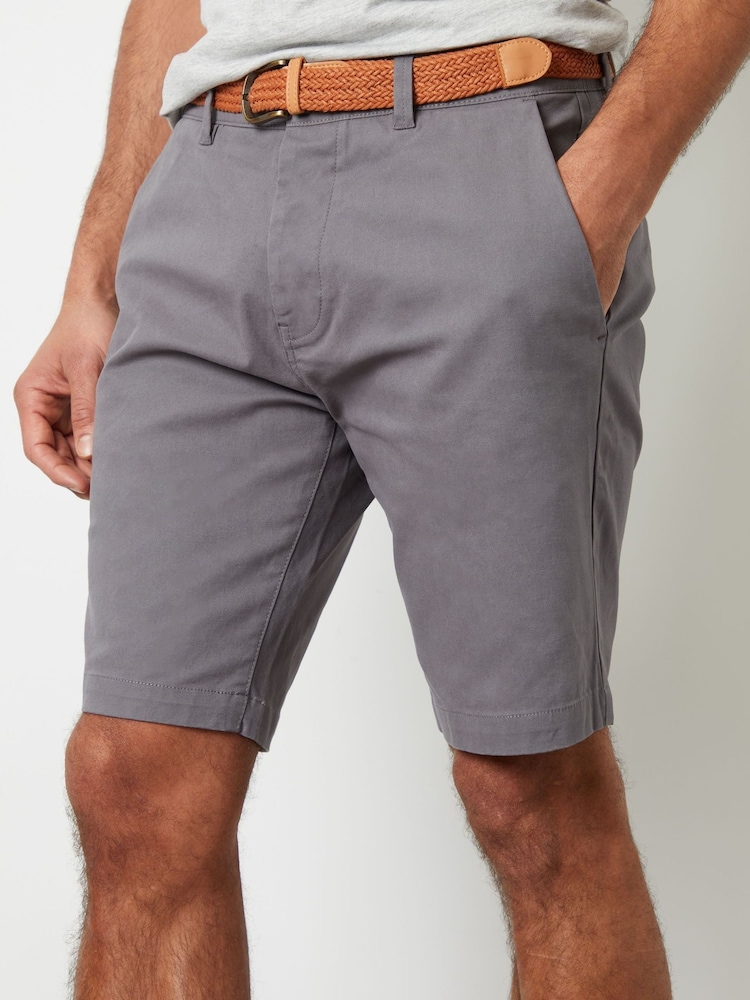 Threadbare Grey Cotton Stretch Turn-Up Chino Shorts with Woven Belt - Image 1 of 4