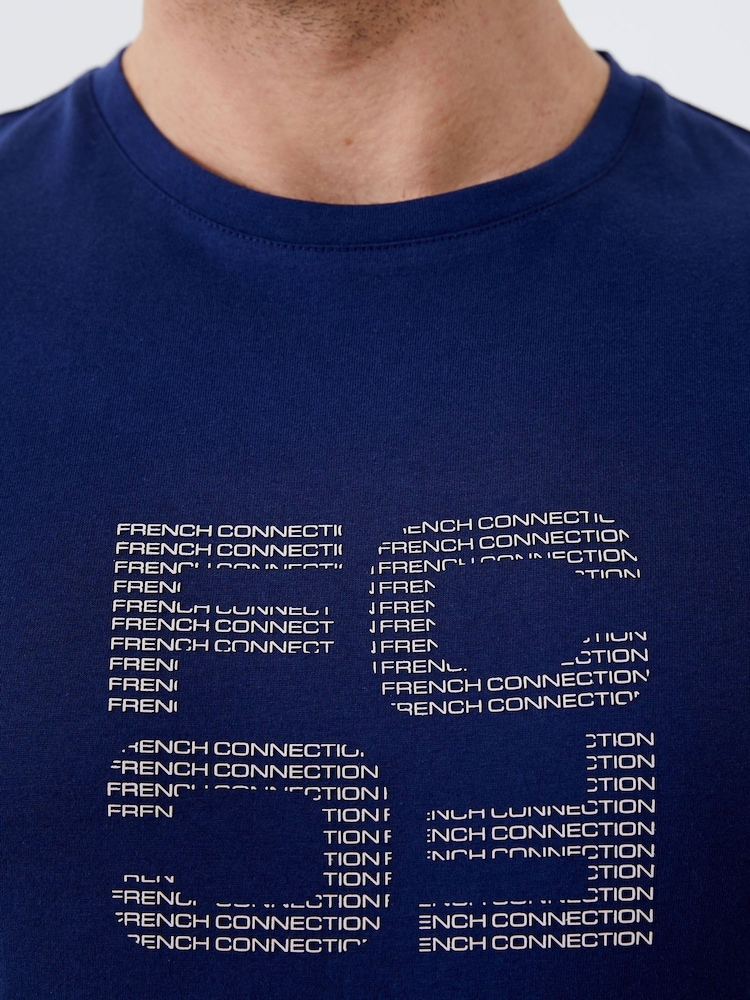 French Connection Blue Organic Mirror Repeat Logo Graphic T-Shirt - Image 3 of 3