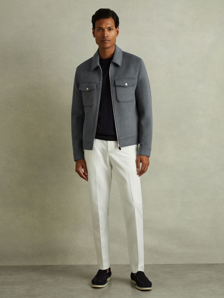 Reiss Sky Blue Melange Peridoe Zip-Through Trucker Jacket with Wool - Image 1 of 5