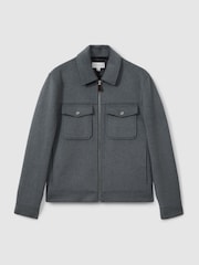 Reiss Sky Blue Melange Peridoe Zip-Through Trucker Jacket with Wool - Image 2 of 5