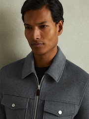 Reiss Sky Blue Melange Peridoe Zip-Through Trucker Jacket with Wool - Image 3 of 5