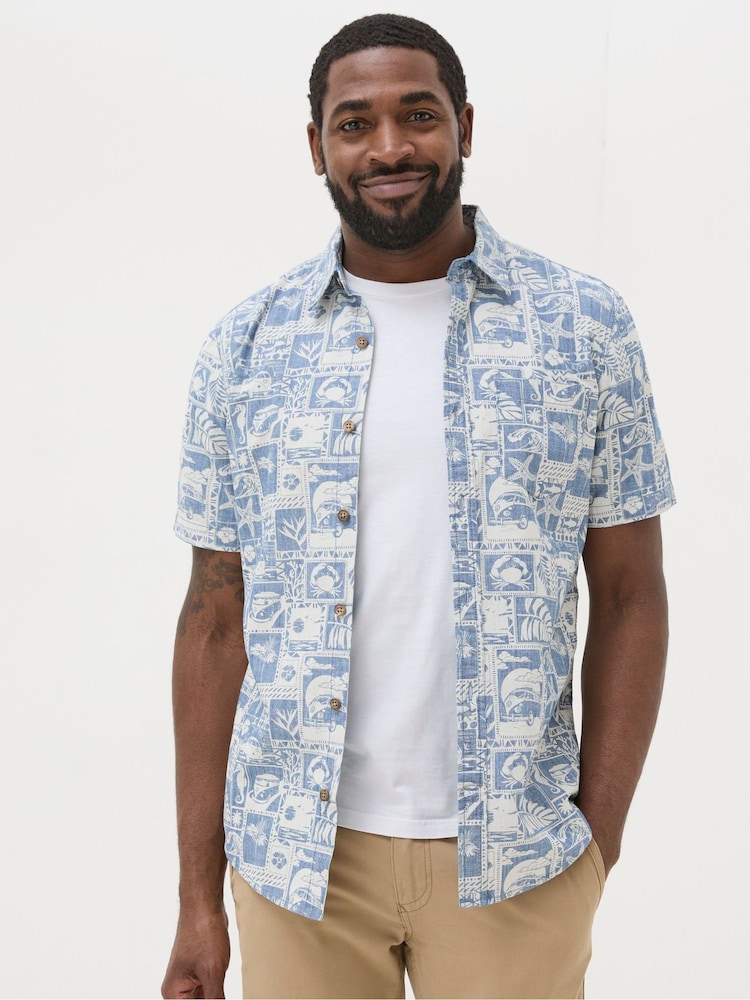 FatFace Blue Short Sleeve Tile Print Shirt - Image 1 of 4 FatFace Blue Short Sleeve Tile Print Shirt - Image 1 of 4