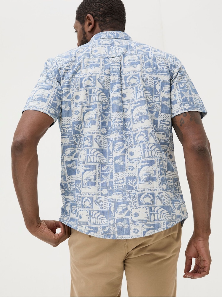 FatFace Blue Short Sleeve Tile Print Shirt - Image 2 of 4 FatFace Blue Short Sleeve Tile Print Shirt - Image 2 of 4