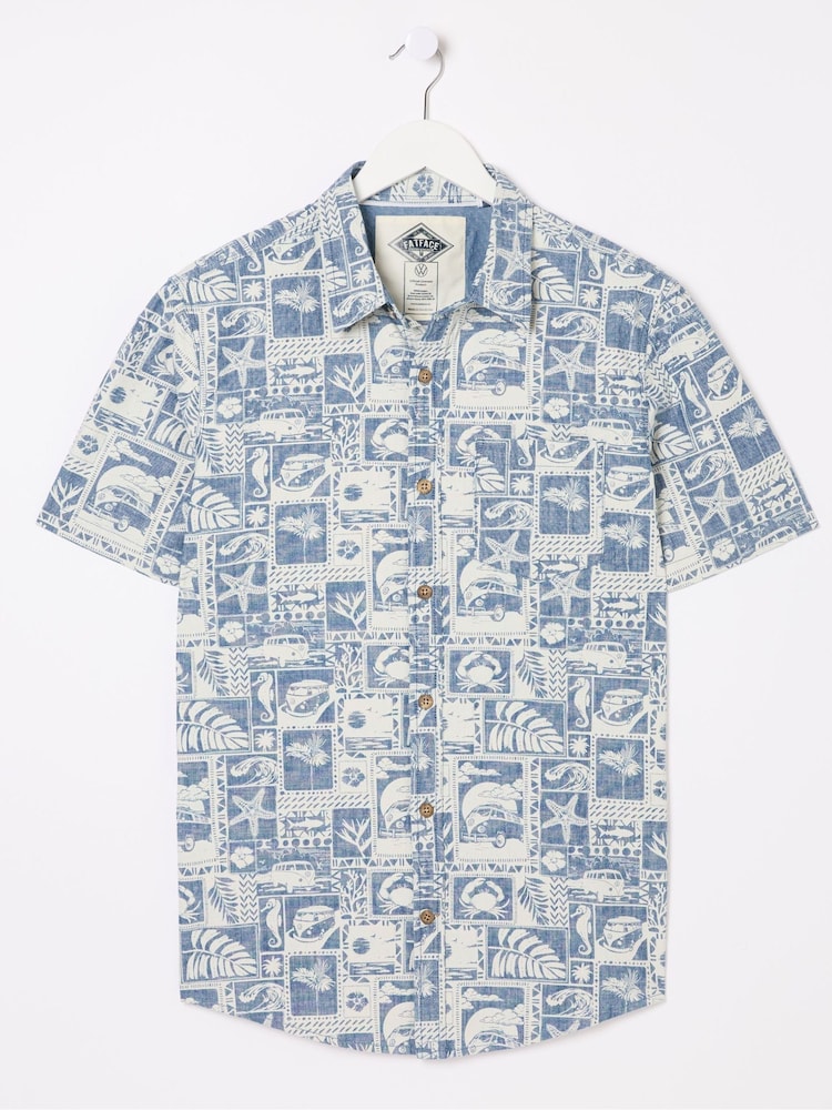 FatFace Blue Short Sleeve Tile Print Shirt - Image 4 of 4