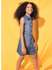 River Island Blue Girls 100% Cotton Denim Pinafore Dress - Image 1 of 5