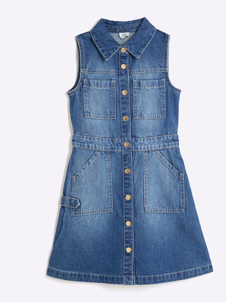 River Island Blue Girls 100% Cotton Denim Pinafore Dress - Image 2 of 5 River Island Blue Girls 100% Cotton Denim Pinafore Dress - Image 2 of 5