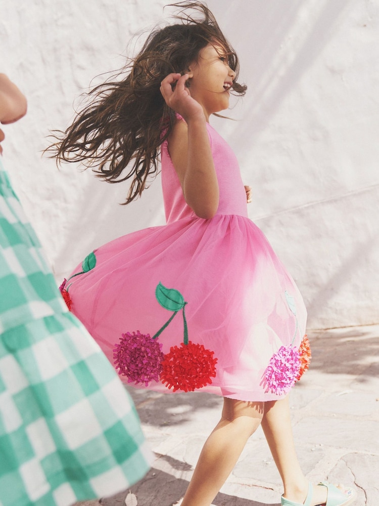 Boden Pink 100% Cotton Jersey Tulle Cherry Applique Dress - Image 1 of 4