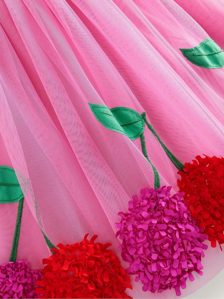 Boden Pink 100% Cotton Jersey Tulle Cherry Applique Dress - Image 4 of 4