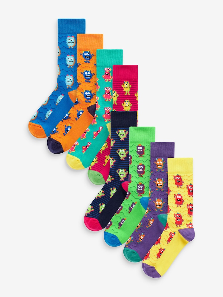 Bright Monsters Fun Pattern Socks 8 Pack - Image 1 of 10