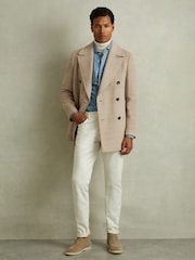 Reiss Oatmeal Check Bergamo Wool Blend Double Breasted Peacoat - Image 1 of 6