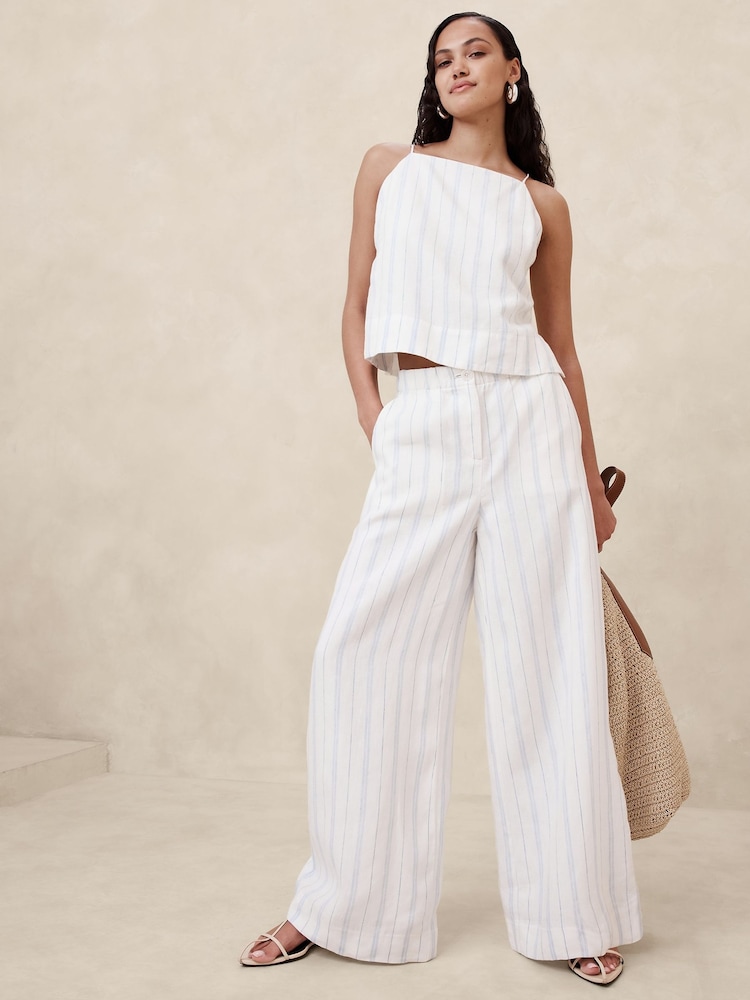 Banana Republic White/Blue Stripe Linen Pull On Trousers - Image 1 of 1
