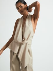 Reiss Neutral Matilda Halter Neck Draped Top - Image 3 of 6