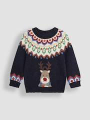 JoJo Maman Bébé Navy Reindeer Christmas Reindeer Jumper - Image 1 of 3