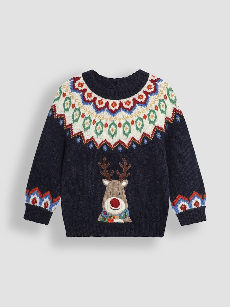 JoJo Maman Bébé Navy Reindeer Christmas Reindeer Jumper - Image 1 of 3