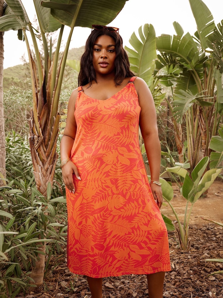 Yours Curve Orange Shirred Strappy Throw On Beach Dress - Image 1 of 7 Yours Curve Orange Shirred Strappy Throw On Beach Dress - Image 1 of 7